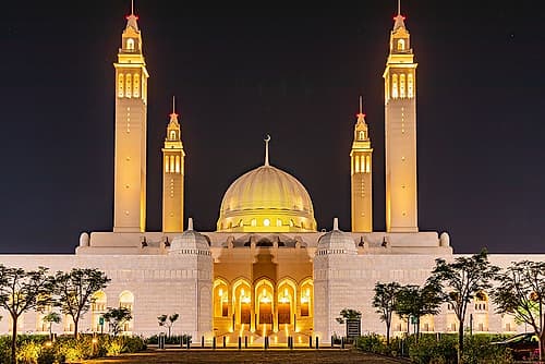 Middle East-Arabian Peninsula-Oman-Ad Dakhiliyah-Nizwa-Night view of the Sultan Qaboos Grand Mosque Religious Print